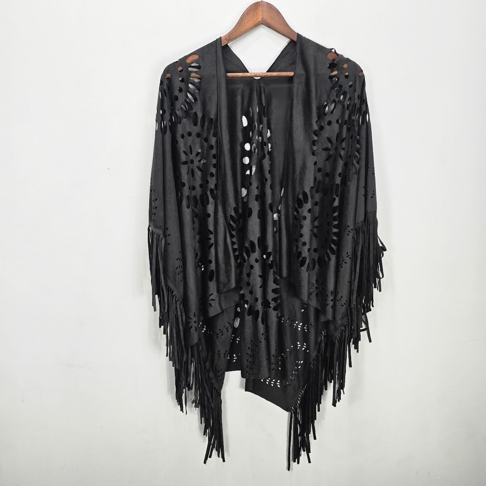 Raj‎ Faux Suede Wrap Shawl OS Brown Fringe Festival Western Laser Cut Country